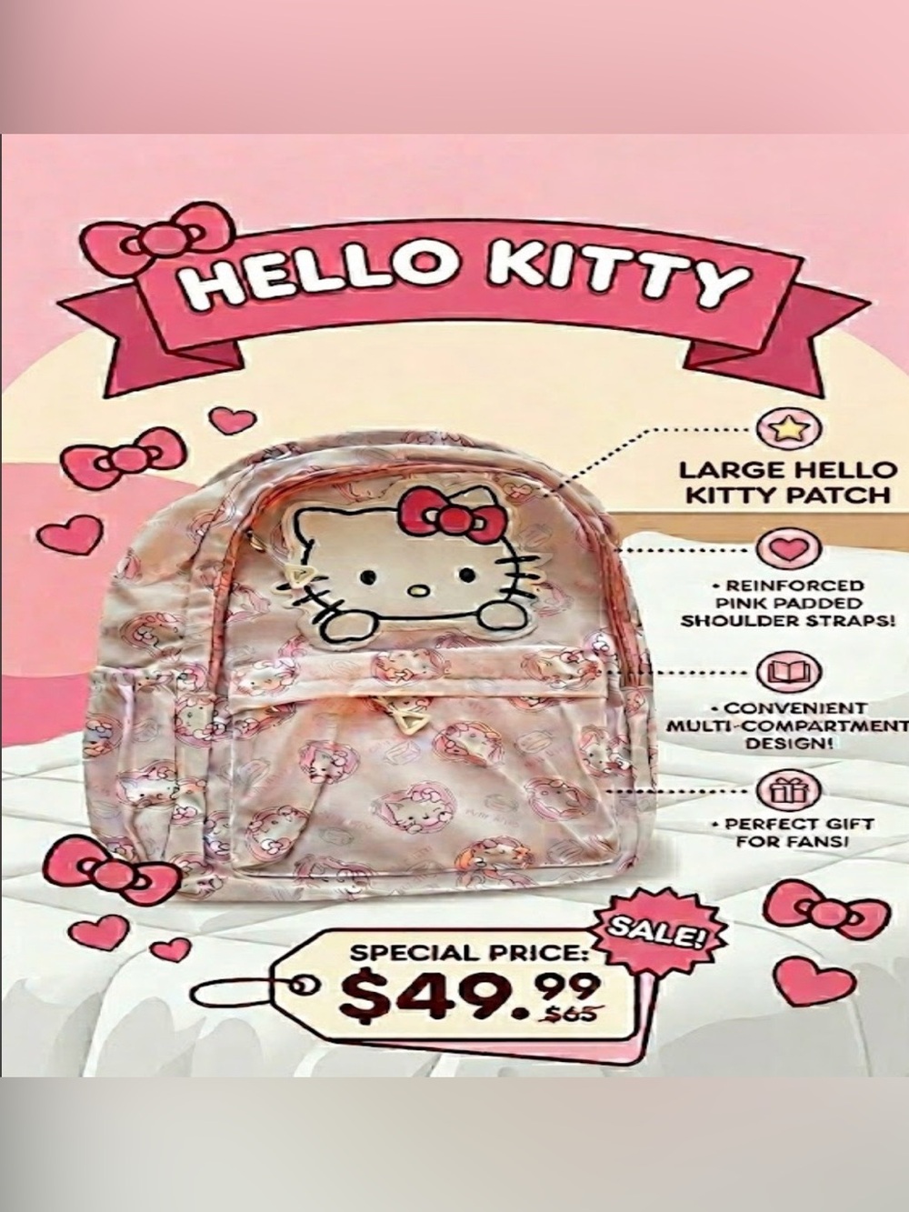 Hello Kitty Backpack NWOT, large front pocket with Padded Shoulder Straps